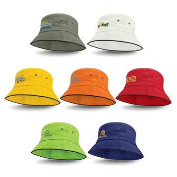 A collection of eight bucket hats in various colours, each featuring a logo or branding. A collection of eight bucket hats in various colours, each featuring a logo or branding.