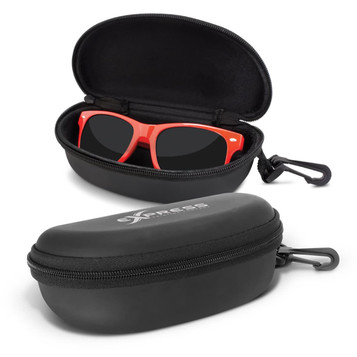 A black hard-shell sunglass case with a zipper, housing bright red sunglasses inside. A black hard-shell sunglass case with a zipper, housing bright red sunglasses inside.