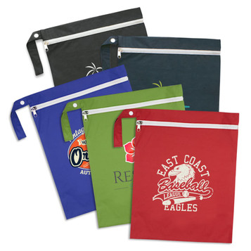 A collection of five Brighton Wet Bags in various colours: green, blue, red, dark green, and black, each with a zipper. A collection of five Brighton Wet Bags in various colours: green, blue, red, dark green, and black, each with a zipper.