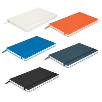 A collection of Hudson Notebooks featuring white, orange, blue, dark blue, and black covers with ribbon bookmarks.