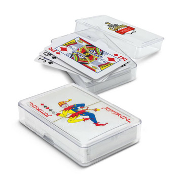 A set of Saloon Playing Cards in a clear case, featuring colourful card designs with a joker and face cards. A set of Saloon Playing Cards in a clear case, featuring colourful card designs with a joker and face cards.