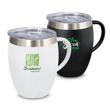 A drink bottle set featuring a white and a black vacuum cup with handles and stainless steel lids. Each cup has a logo. A drink bottle set featuring a white and a black vacuum cup with handles and stainless steel lids. Each cup has a logo.