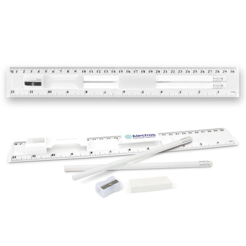 A stationery set featuring a clear ruler, two white pencils, and an eraser, all neatly arranged. A stationery set featuring a clear ruler, two white pencils, and an eraser, all neatly arranged.