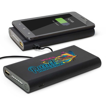 A black power bank with colourful branding, next to a smartphone displaying a charging icon. A black power bank with colourful branding, next to a smartphone displaying a charging icon.