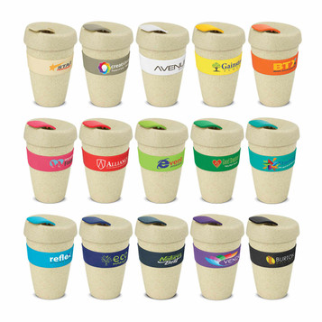 A drink bottle collection featuring natural colour cups with various coloured bands and logos, holding 480ml. A drink bottle collection featuring natural colour cups with various coloured bands and logos, holding 480ml.