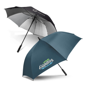 A black and grey umbrella and a teal umbrella with a logo, featuring a curved handle and a sturdy frame. A black and grey umbrella and a teal umbrella with a logo, featuring a curved handle and a sturdy frame.