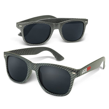 Two pairs of grey carbon fibre sunglasses with dark lenses, featuring a logo on the side. Two pairs of grey carbon fibre sunglasses with dark lenses, featuring a logo on the side.