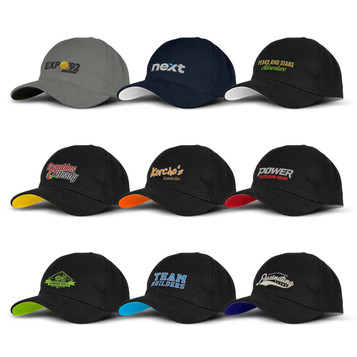 A collection of eight caps in various colours, featuring different logos and embroidered details on the front.