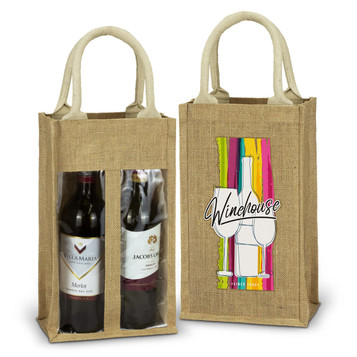 A jute double wine carrier in natural brown, featuring two wine bottles and a printed design on one side. A jute double wine carrier in natural brown, featuring two wine bottles and a printed design on one side.