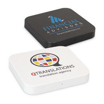 A square wireless charger in black and white, featuring two logos on the surface.
