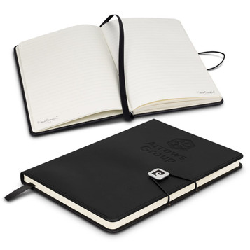 A black Pierre Cardin Biarritz notebook with an open and closed view, featuring lined pages and a logo. A black Pierre Cardin Biarritz notebook with an open and closed view, featuring lined pages and a logo.