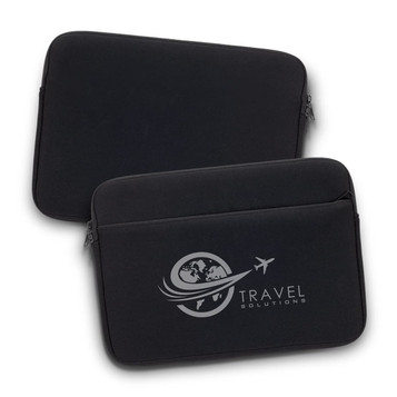 A black laptop sleeve featuring a logo on one side, designed to protect devices. A black laptop sleeve featuring a logo on one side, designed to protect devices.