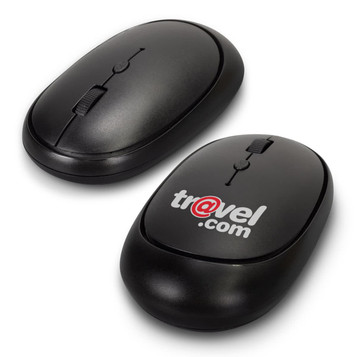 Astra Wireless Travel Mouse in black with a logo on the surface, featuring a scroll wheel and ergonomic design. Astra Wireless Travel Mouse in black with a logo on the surface, featuring a scroll wheel and ergonomic design.