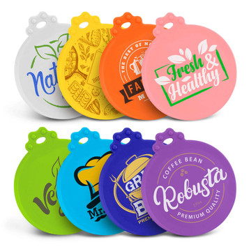 A collection of colourful silicone reusable can lids in various designs, featuring a logo on several lids. A collection of colourful silicone reusable can lids in various designs, featuring a logo on several lids.