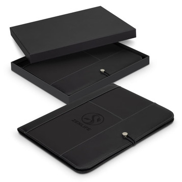 A black portfolio with a logo, displayed inside an open black box, showcasing its elegant design.