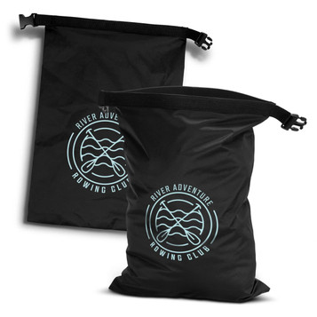 A black lightweight dry bag with a logo featuring an abstract design and adjustable straps.