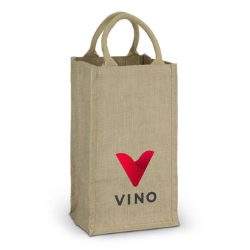 A jute wine carrier in natural brown with two handles, featuring a logo on the front. Holds four bottles. A jute wine carrier in natural brown with two handles, featuring a logo on the front. Holds four bottles.