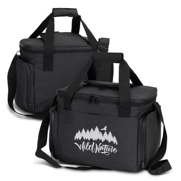 A black cooler bag with a shoulder strap and a front logo, featuring a zippered top and spacious interior.