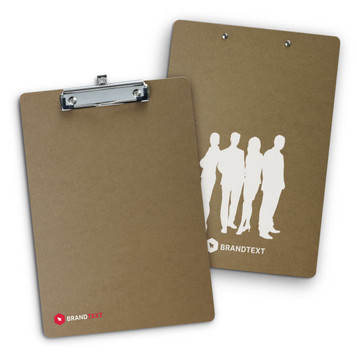 A brown clipboard with a silver clip, featuring a silhouette design on one side and a logo. A brown clipboard with a silver clip, featuring a silhouette design on one side and a logo.
