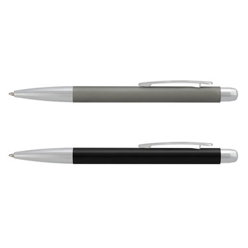 A set of two metal pens in grey and black, each featuring a silver clip and accents.