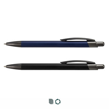 A metal pen set featuring a navy pen and a black pen, each with a sleek design and a clip.