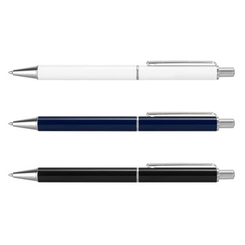 A set of three metal pens in white, navy blue, and black, featuring chrome accents and a branding logo.