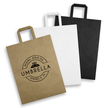 Three extra large flat handle paper bags in cream, white, and black, featuring a logo on the front of the cream bag. Three extra large flat handle paper bags in cream, white, and black, featuring a logo on the front of the cream bag.