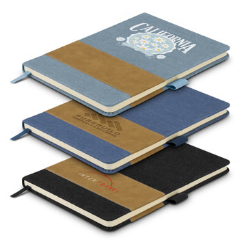 A collection of three denim notebooks in blue, black, and beige, each featuring a logo on the cover. A collection of three denim notebooks in blue, black, and beige, each featuring a logo on the cover.