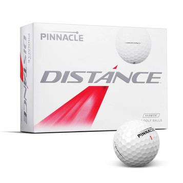 A box of Pinnacle Distance golf balls in white, featuring a logo on the ball and bold graphics on the packaging. A box of Pinnacle Distance golf balls in white, featuring a logo on the ball and bold graphics on the packaging.