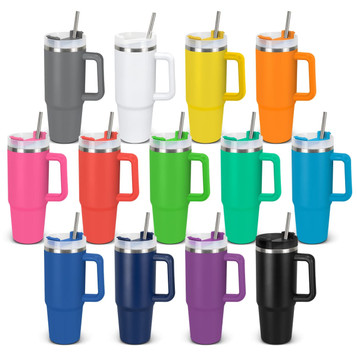 A drink bottle collection featuring various colours including grey, white, yellow, orange, pink, red, green, teal, purple, and black, with straws and lids.