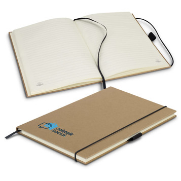 A brown hardcover notebook with a ribbon closure, featuring lined pages and a logo on the cover. A brown hardcover notebook with a ribbon closure, featuring lined pages and a logo on the cover.