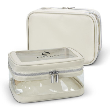 A cream-coloured cosmetic bag with a transparent front and silver zippers. It features a logo on the surface. A cream-coloured cosmetic bag with a transparent front and silver zippers. It features a logo on the surface.