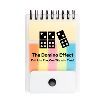 A notepad with a spiral binding featuring various sticky note colors and a logo on the cover. A notepad with a spiral binding featuring various sticky note colors and a logo on the cover.