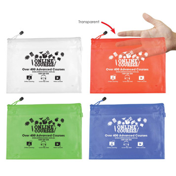 A transparent pouch in white, green, red, and blue, featuring a zipper and a logo. A transparent pouch in white, green, red, and blue, featuring a zipper and a logo.