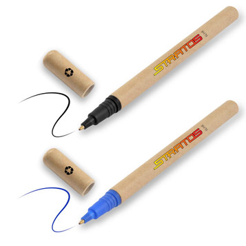A set of two Stratos cardboard pens, one black and one blue, with caps and a recycling symbol on the packaging. A set of two Stratos cardboard pens, one black and one blue, with caps and a recycling symbol on the packaging.