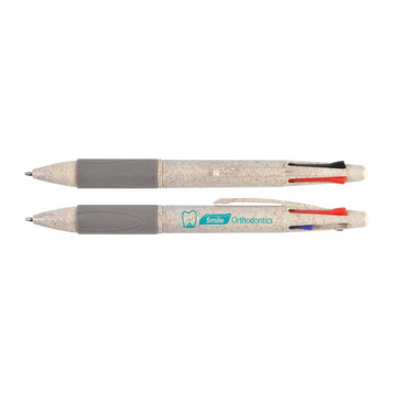 A multi-coloured pen featuring grey, red, blue, and green inks, along with a branding logo on the barrel. A multi-coloured pen featuring grey, red, blue, and green inks, along with a branding logo on the barrel.