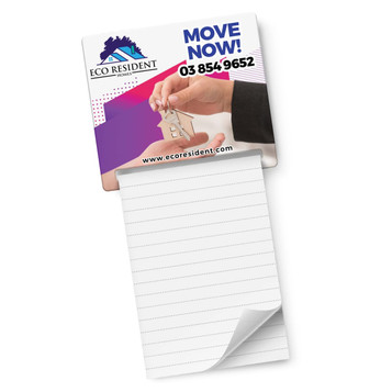 A magnetic memo pad featuring a white lined notepad with a colourful branded top. A magnetic memo pad featuring a white lined notepad with a colourful branded top.