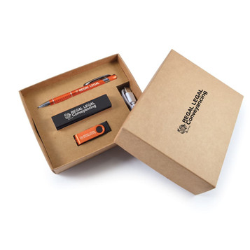 A cardboard gift box containing an orange pen, a USB drive, and a black flash drive, all with branding. A cardboard gift box containing an orange pen, a USB drive, and a black flash drive, all with branding.