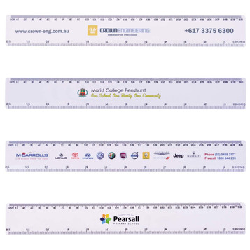 A white 30cm ruler with various logos and branding, featuring measurement markings along the edges. A white 30cm ruler with various logos and branding, featuring measurement markings along the edges.