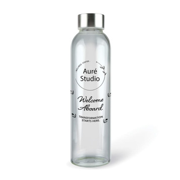A drink bottle made of clear glass with a silver lid and a logo printed on the side. A drink bottle made of clear glass with a silver lid and a logo printed on the side.