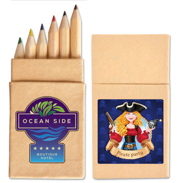 A pencil set featuring six colored pencils in a natural wooden finish, contained in a kraft paper sleeve with branding. A pencil set featuring six colored pencils in a natural wooden finish, contained in a kraft paper sleeve with branding.