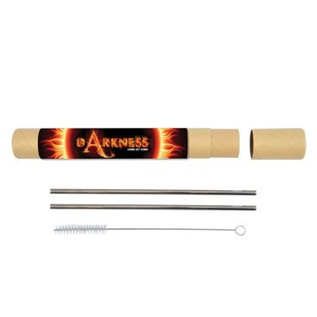 A set of stainless steel straws in a brown tube, accompanied by a cleaning brush. The straws are silver in color. A set of stainless steel straws in a brown tube, accompanied by a cleaning brush. The straws are silver in color.