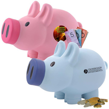 A pink and blue pig coin bank with a logo, holding Australian banknotes and coins.