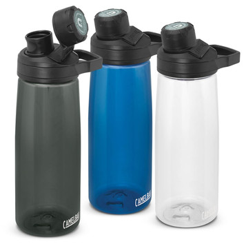A drink bottle in three colours: dark green, blue, and clear, with a black lid and a logo. A drink bottle in three colours: dark green, blue, and clear, with a black lid and a logo.