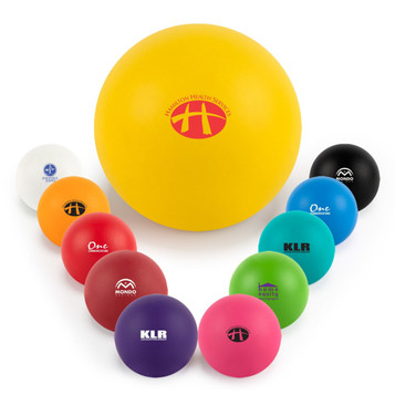 A yellow ball with a logo surrounded by smaller balls in various colors: red, blue, green, purple, and white. A yellow ball with a logo surrounded by smaller balls in various colors: red, blue, green, purple, and white.
