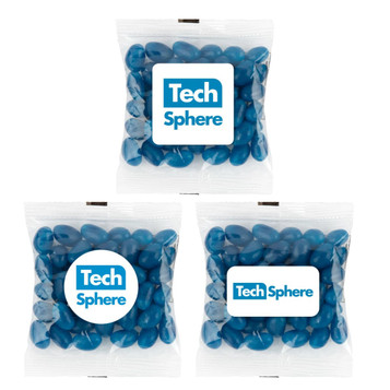 A clear bag containing blue mini jelly beans with a logo on the front. Three bags displayed together. A clear bag containing blue mini jelly beans with a logo on the front. Three bags displayed together.