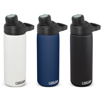 A drink bottle set featuring three 600ml CamelBak Chute Mag Vacuum Bottles in white, navy, and black with a logo. A drink bottle set featuring three 600ml CamelBak Chute Mag Vacuum Bottles in white, navy, and black with a logo.