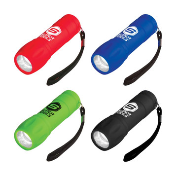 A set of four handheld flashlights in red, blue, green, and black, each featuring a wrist strap and a logo on the side. A set of four handheld flashlights in red, blue, green, and black, each featuring a wrist strap and a logo on the side.