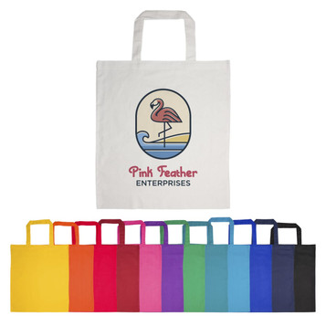 A collection of coloured cotton tote bags featuring a prominently displayed logo. The bags include various bright shades. A collection of coloured cotton tote bags featuring a prominently displayed logo. The bags include various bright shades.