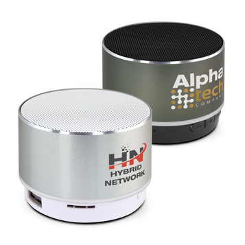 Two Bluetooth speakers in silver and black, featuring perforated tops and branding logos on the body.